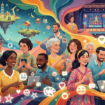 Illustration einer vielfältigen digitalen Freizeitlandschaft mit Menschen, die online interagieren.