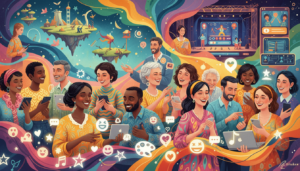 Illustration einer vielfältigen digitalen Freizeitlandschaft mit Menschen, die online interagieren.