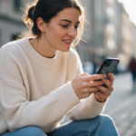 Die Frau hält ein Smartphone in der rechten Hand und schaut konzentriert darauf, trägt legere Alltagskleidung.