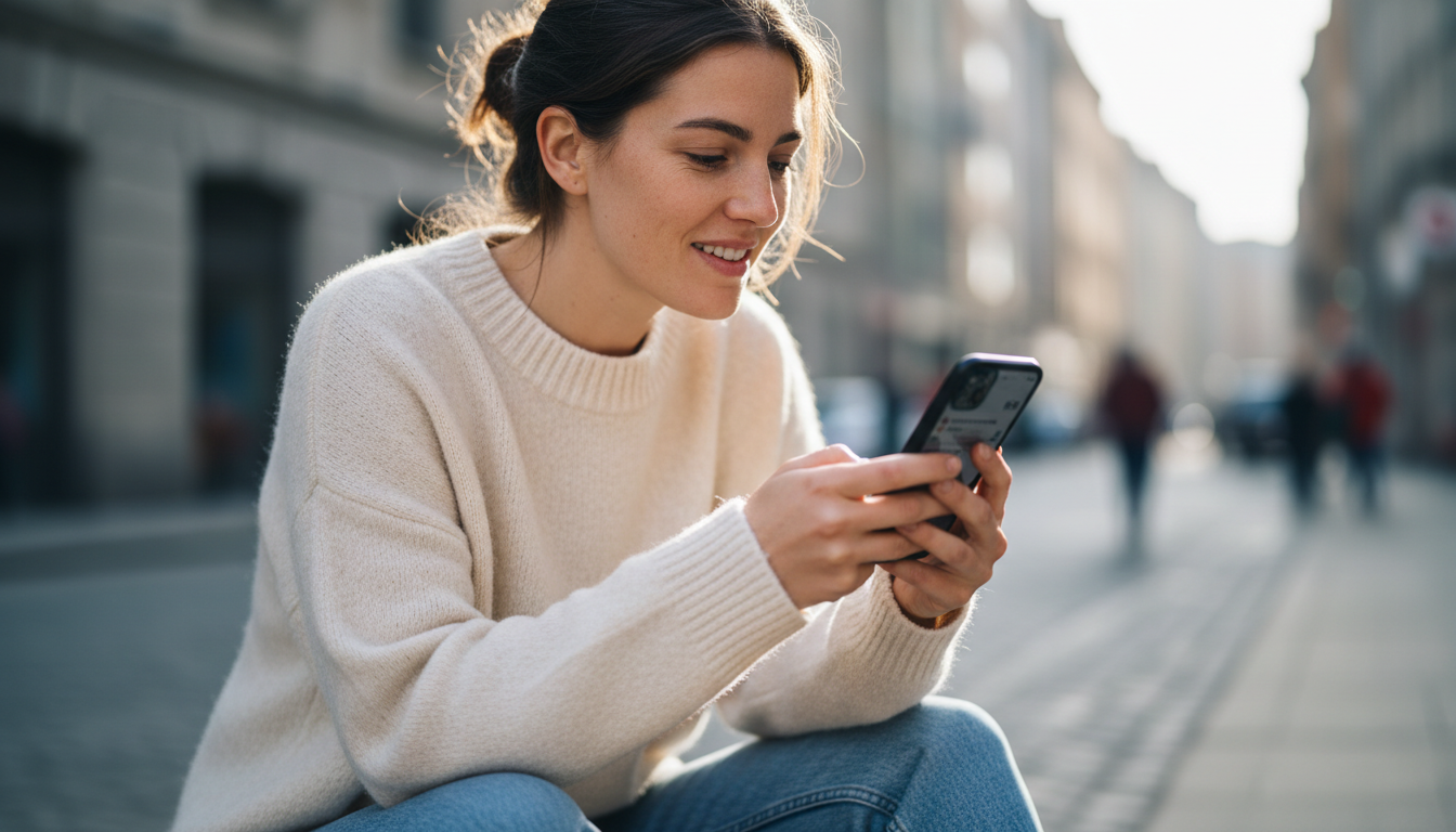 Die Frau hält ein Smartphone in der rechten Hand und schaut konzentriert darauf, trägt legere Alltagskleidung.