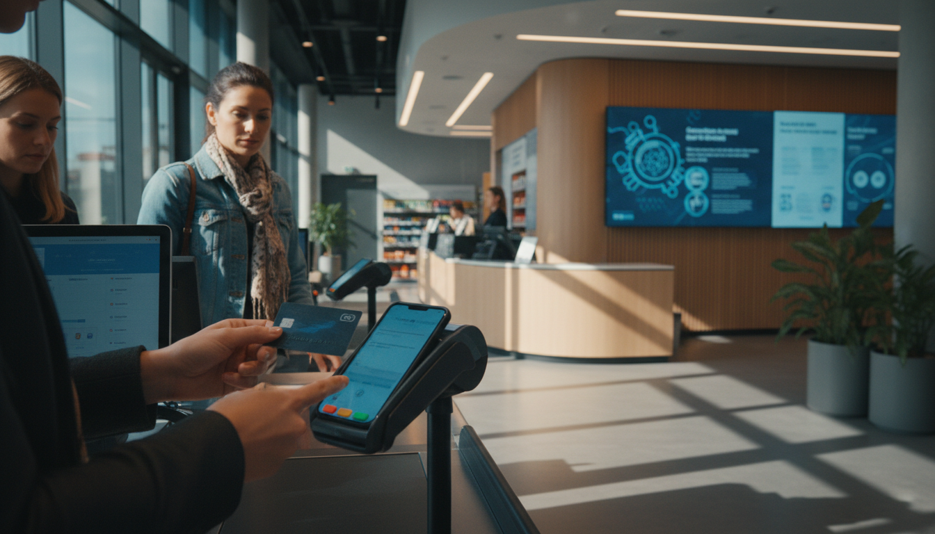 Personen bezahlen kontaktlos mit Bankkarte.