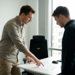 Gründer geht im Büro eine Liste mit Mitarbeiter durch.