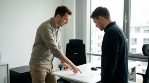 Gründer geht im Büro eine Liste mit Mitarbeiter durch.