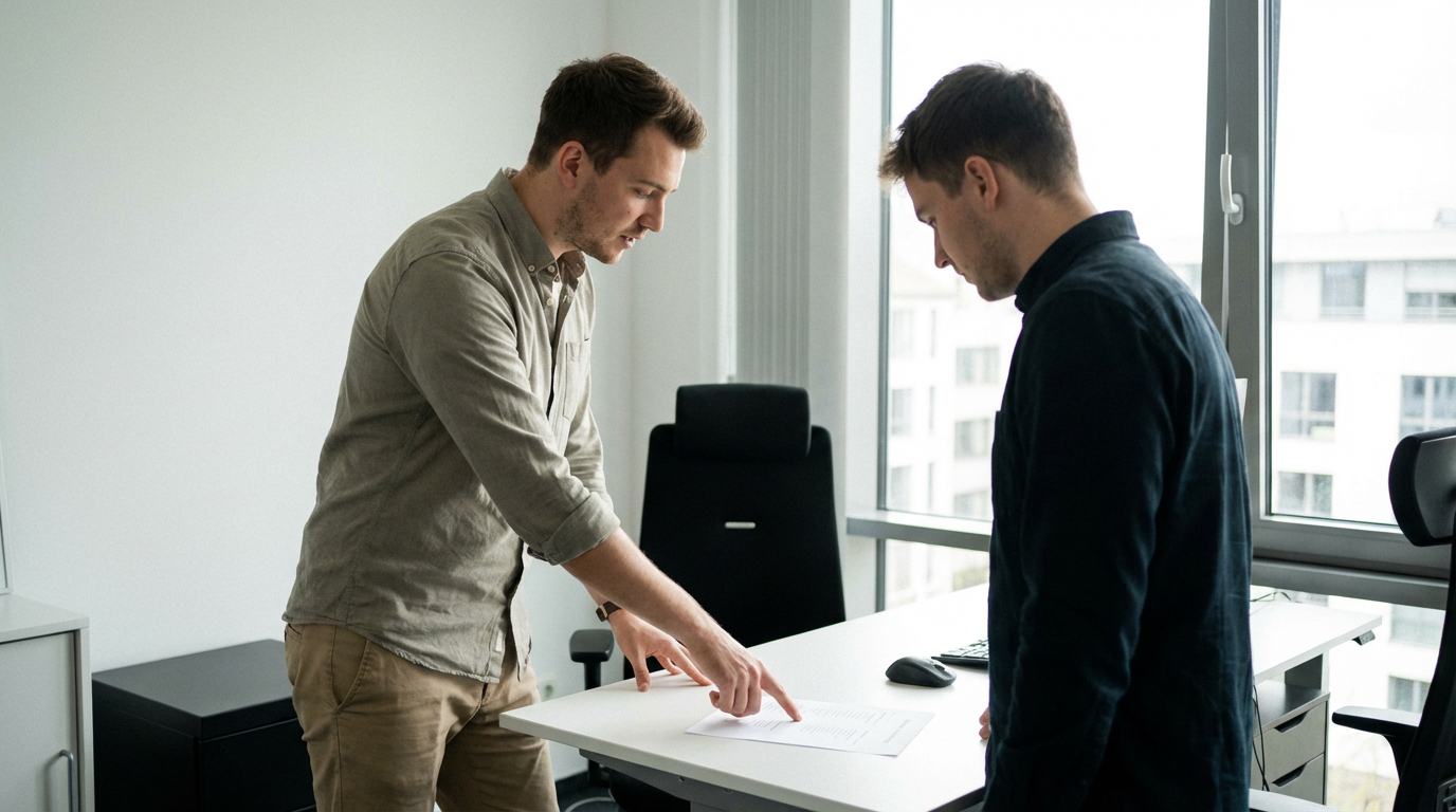 Gründer geht im Büro eine Liste mit Mitarbeiter durch.