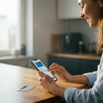 Junge Gründerin lädt Prepaid-Guthaben am Smartphone in moderner Küche auf, Kreditkarte daneben