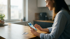 Junge Gründerin lädt Prepaid-Guthaben am Smartphone in moderner Küche auf, Kreditkarte daneben