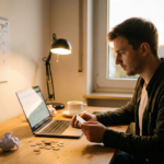 Junger Existenzgründer am Schreibtisch, bezahlt Online-Rechnungen am Laptop, neben ihm Münzen und Kalender,