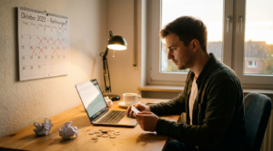 Junger Existenzgründer am Schreibtisch, bezahlt Online-Rechnungen am Laptop, neben ihm Münzen und Kalender,