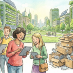 Menschen kaufen E-Books und Software per Tablet, daneben schrumpfender Berg aus Kartons und Plastik