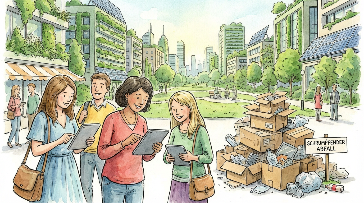 Menschen kaufen E-Books und Software per Tablet, daneben schrumpfender Berg aus Kartons und Plastik