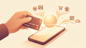 Nutzer hält universelle Prepaid-Guthabenkarte über Smartphone,