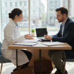 Apothekerin berät Gründer in moderner Apotheke.