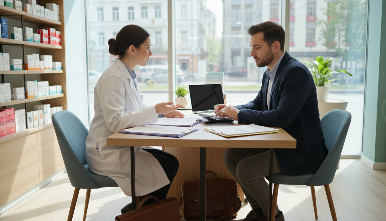 Apothekerin berät Gründer in moderner Apotheke.