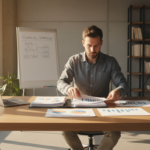 Gründer am Schreibtisch ordnet Unterlagen, im Hintergrund ein Flipchart mit Beschriftung "Finanzielle Strategie“.