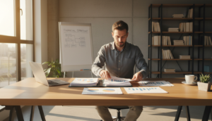 Gründer am Schreibtisch ordnet Unterlagen, im Hintergrund ein Flipchart mit Beschriftung "Finanzielle Strategie“.