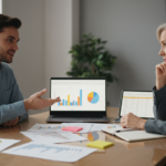 Gründer hält eine Präsentation, Laptop mit Grafiken auf dem Tisch.