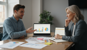 Gründer hält eine Präsentation, Laptop mit Grafiken auf dem Tisch.