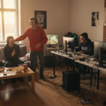 Studierende in einer WG spielen etwas, lachen und haben Spaß.