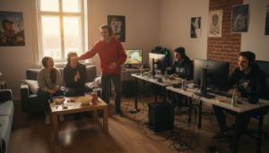 Studierende in einer WG spielen etwas, lachen und haben Spaß.