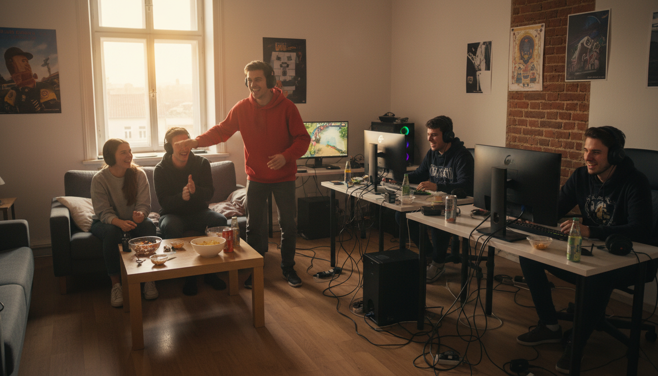 Studierende in einer WG spielen etwas, lachen und haben Spaß.