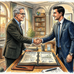 Illustration: Handschlag zwischen zwei Geschäftsmännern