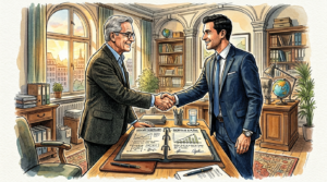 Illustration: Handschlag zwischen zwei Geschäftsmännern