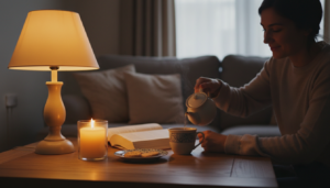 Gründerin trinkt Tee zur Entspannung.