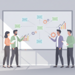 Illustration: Sichtbar sind E-Mail-Icons, Zahnräder und wachsende Diagramme auf einem Whiteboard im Büro.