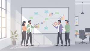 Illustration: Sichtbar sind E-Mail-Icons, Zahnräder und wachsende Diagramme auf einem Whiteboard im Büro.