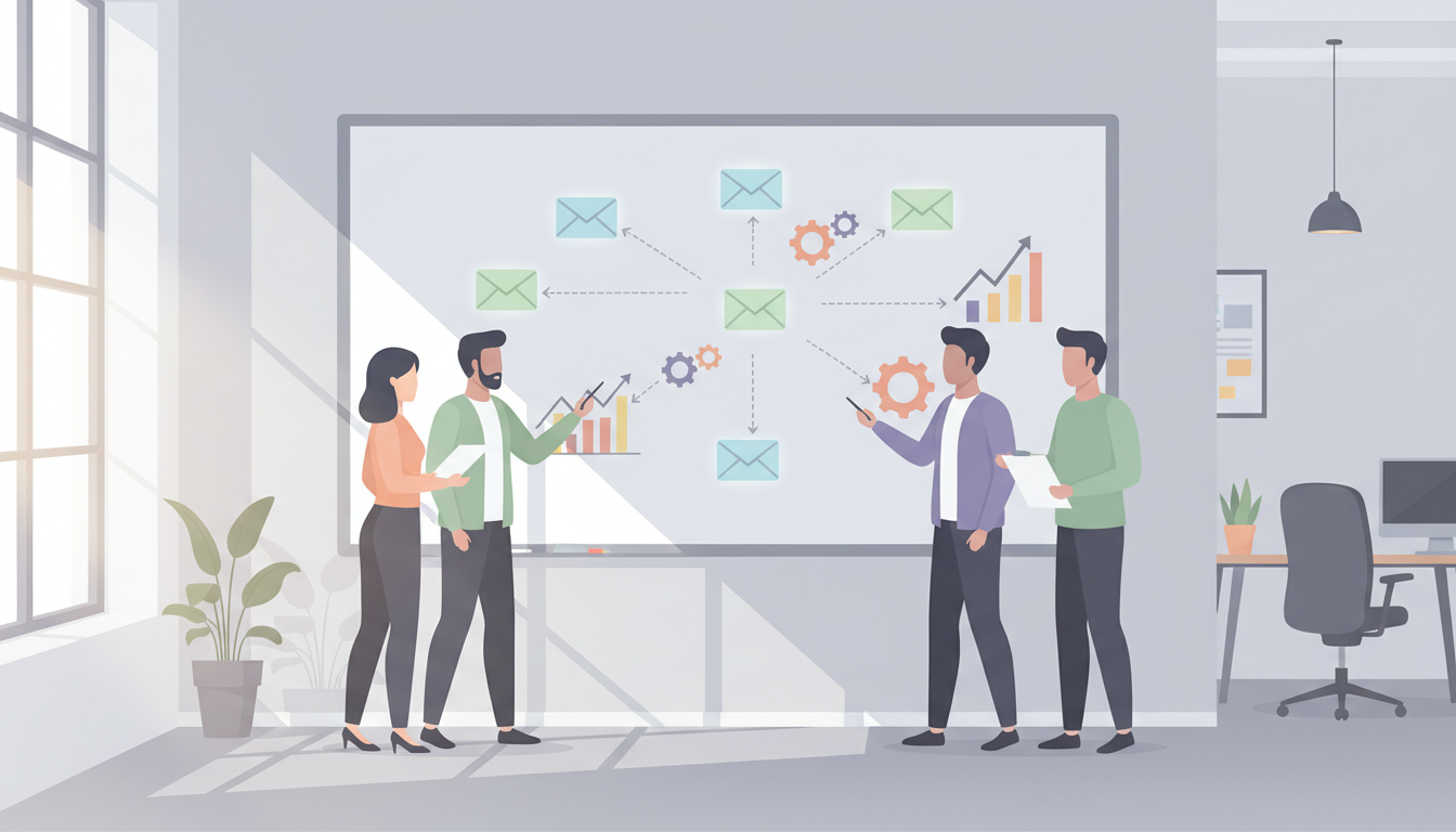 Illustration: Sichtbar sind E-Mail-Icons, Zahnräder und wachsende Diagramme auf einem Whiteboard im Büro.