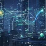 Digitale Kapitalströme, holografische Diagramme und Netzwerke über moderner Finanzstadt