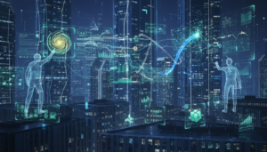 Digitale Kapitalströme, holografische Diagramme und Netzwerke über moderner Finanzstadt