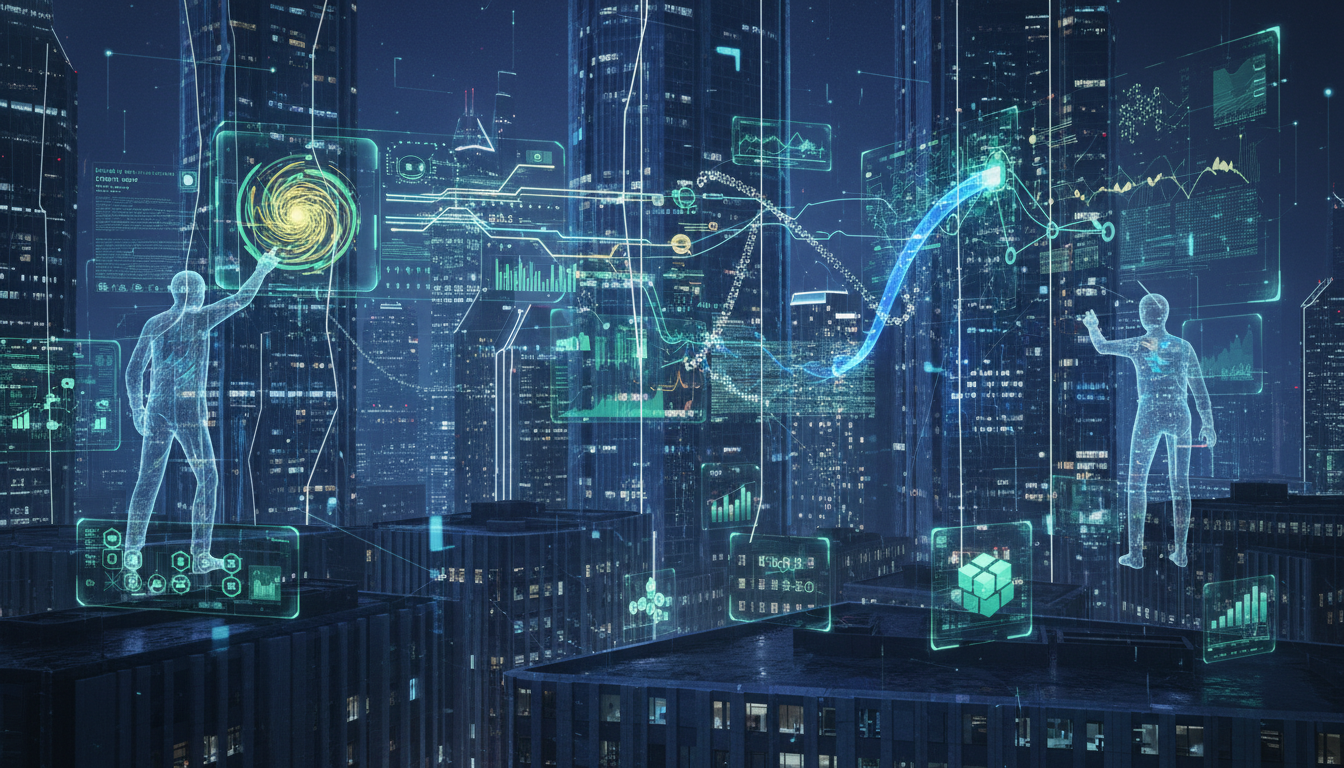 Digitale Kapitalströme, holografische Diagramme und Netzwerke über moderner Finanzstadt