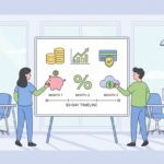 Illustration: Junges Gründerteam am Whiteboard mit Finanz-Icons und 90-Tage-Timeline