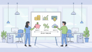 Illustration: Junges Gründerteam am Whiteboard mit Finanz-Icons und 90-Tage-Timeline
