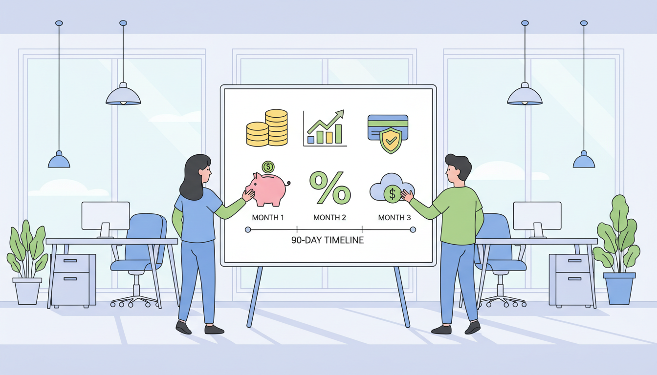 Illustration: Junges Gründerteam am Whiteboard mit Finanz-Icons und 90-Tage-Timeline