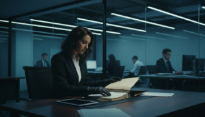 Privatdetektivin im modernen Firmenbüro