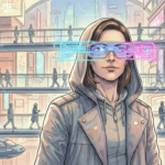 Smarte Brille auf dem Gesicht einer Person beim Navigieren in einer futuristischen Fußgängerzone