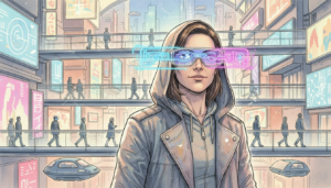 Smarte Brille auf dem Gesicht einer Person beim Navigieren in einer futuristischen Fußgängerzone