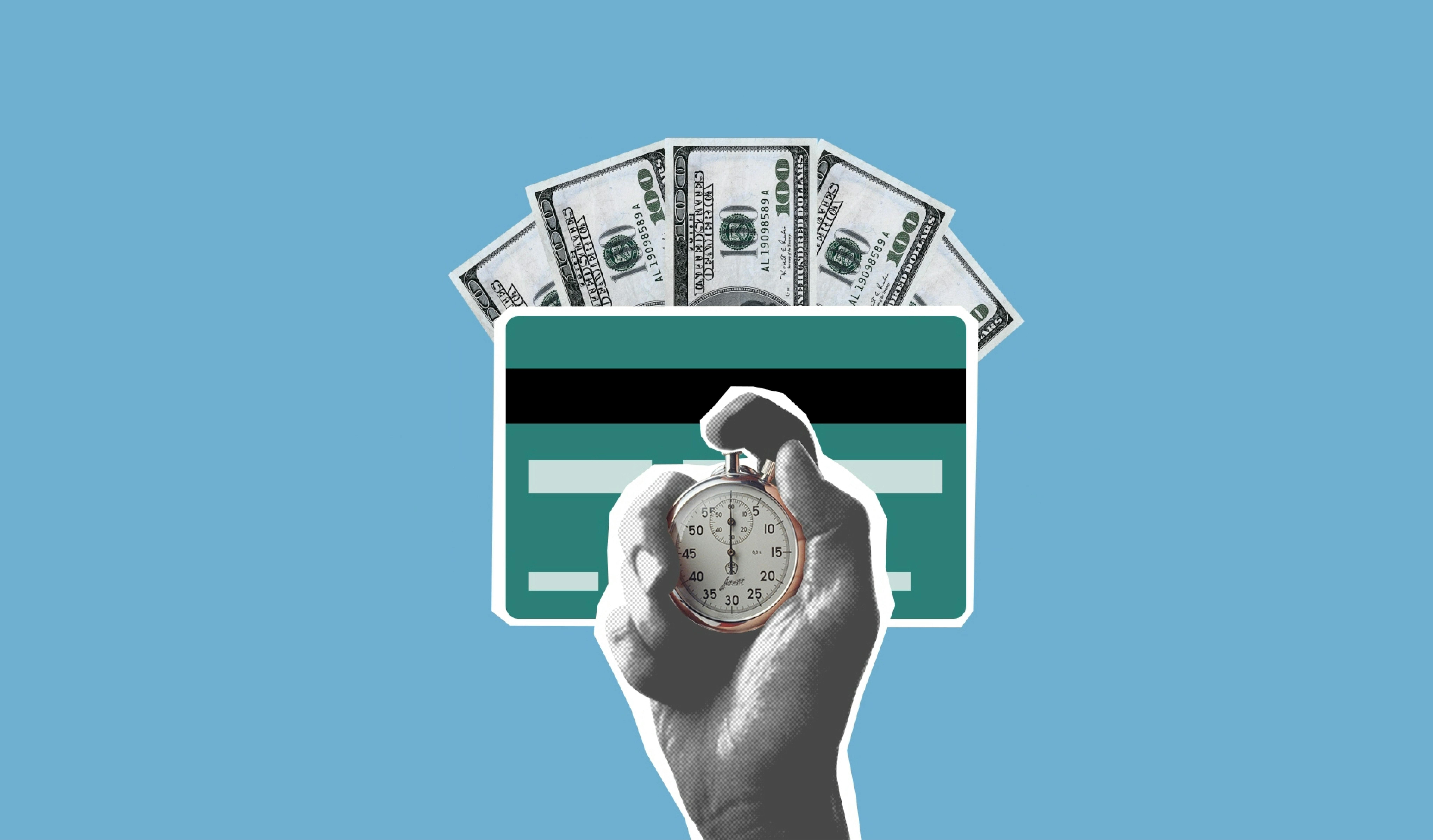 Stoppuhr vor einer Kreditkarte und Dollarscheinen