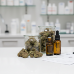 Medizinische Cannabisblüten und Cannabisöl in einer Apotheke, neben Rezept und Dosierpipette