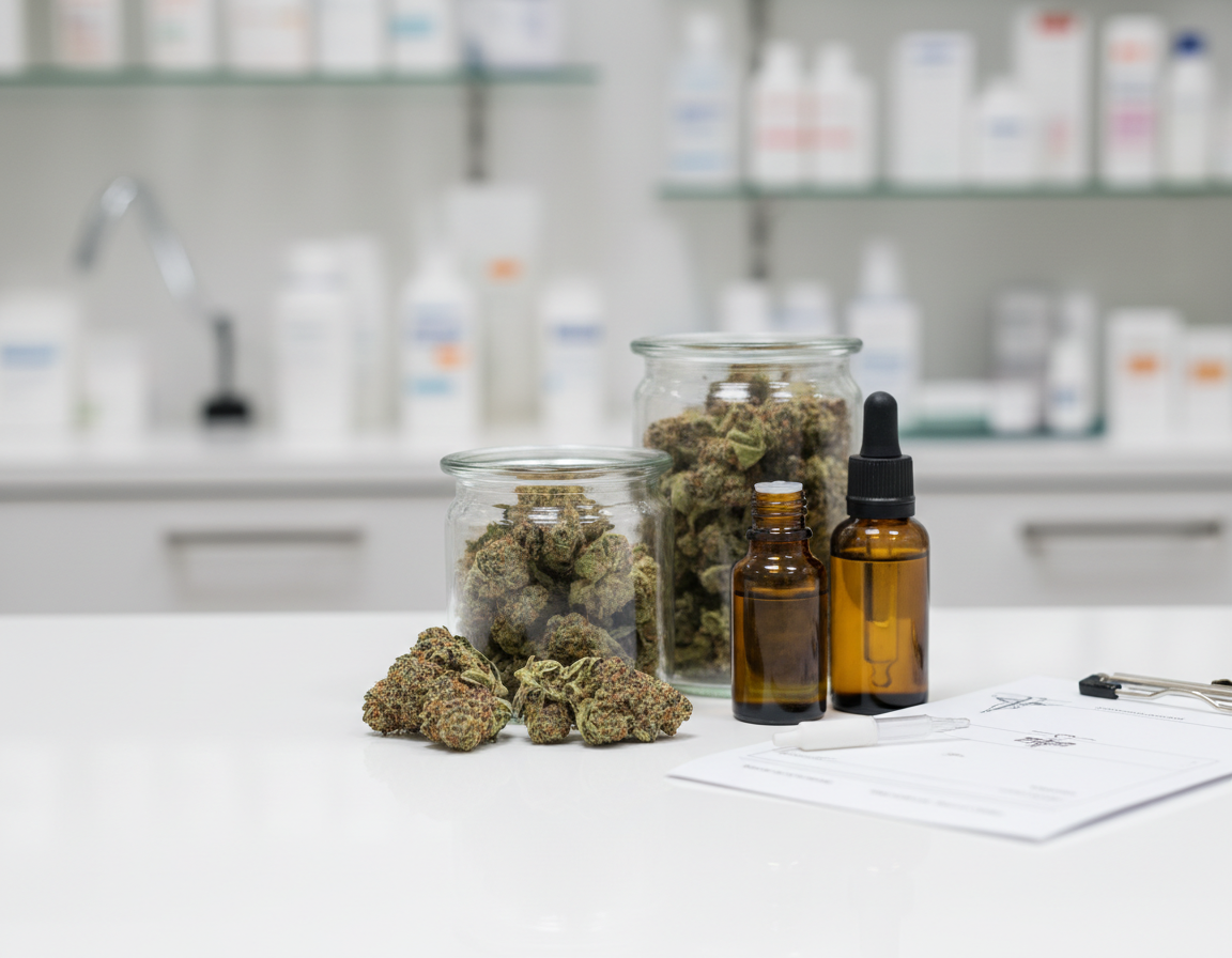 Medizinische Cannabisblüten und Cannabisöl in einer Apotheke, neben Rezept und Dosierpipette