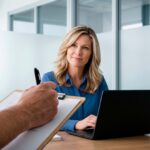 Besprechung zwischen Frau am Laptop und Mann mit Schreibblock