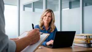 Besprechung zwischen Frau am Laptop und Mann mit Schreibblock