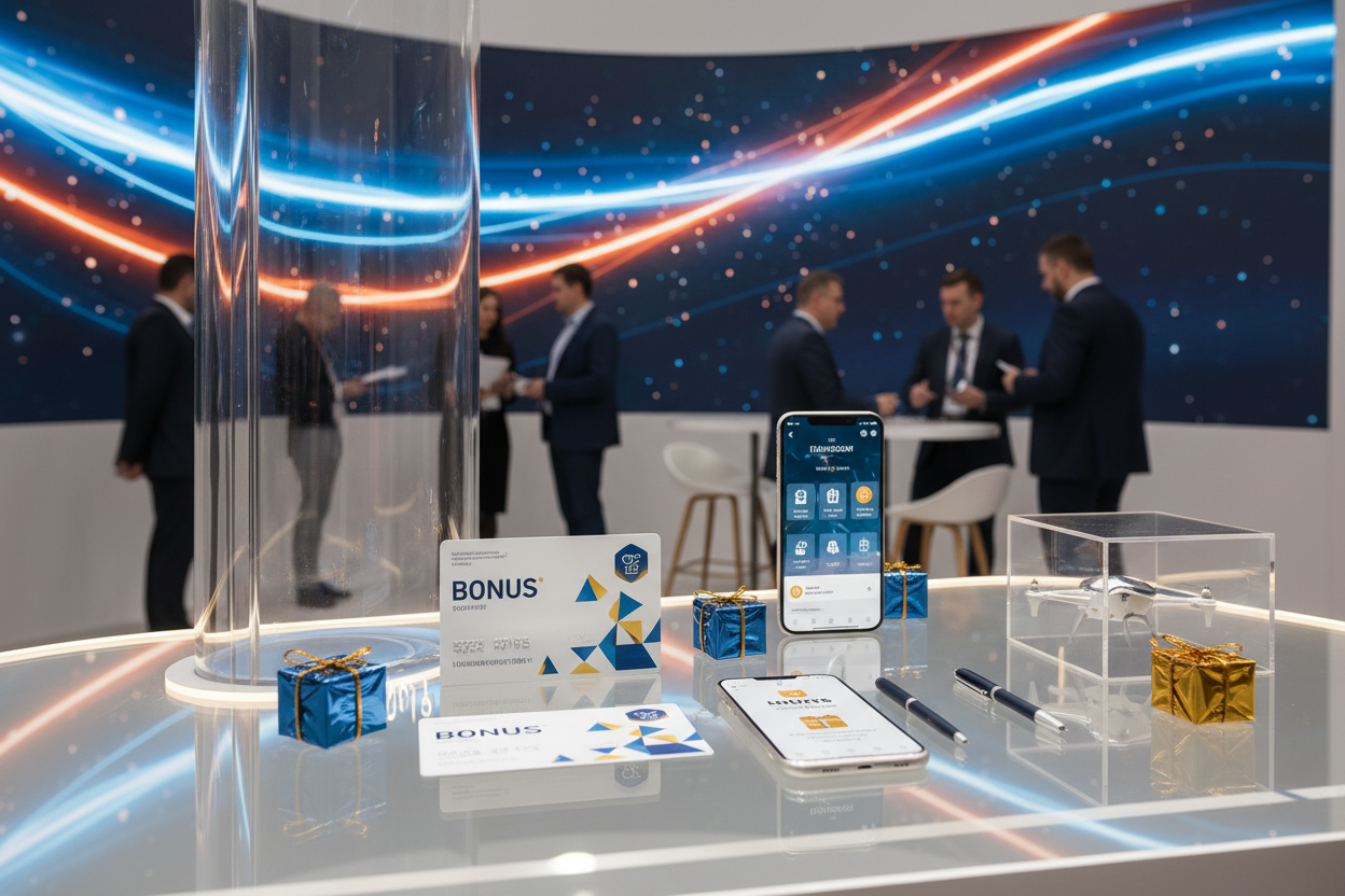 Startup präsentiert Prämienprogramm: Bonuskarte und Smartphone-App neben kleinen Geschenken auf modernem Messestand
