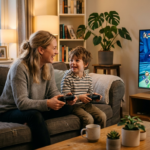 Mutter und Kind spielen Videospiel an der Konsole.