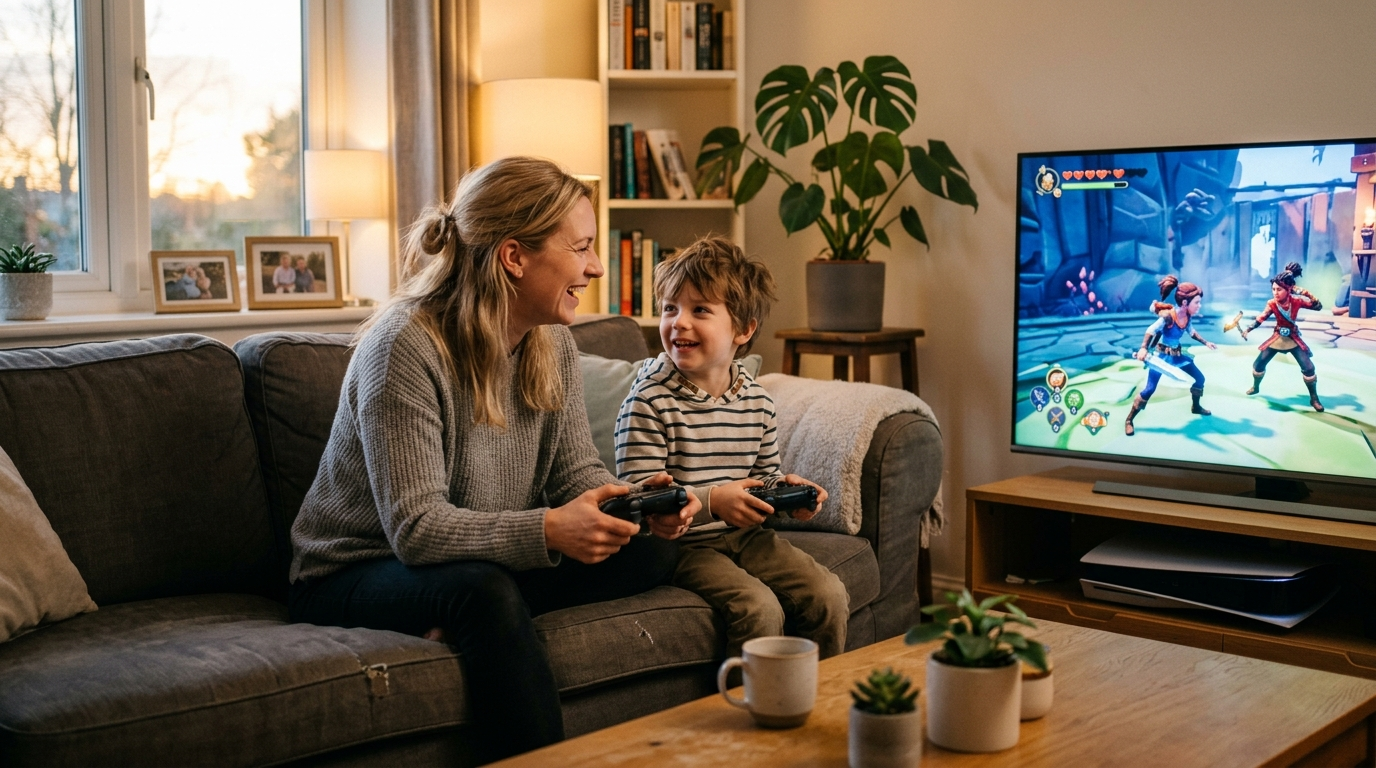 Mutter und Kind spielen Videospiel an der Konsole.