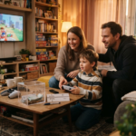 Eltern und Kind spielen an der Konsole im Wohnzimmer.