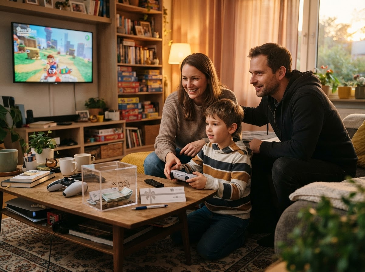 Eltern und Kind spielen an der Konsole im Wohnzimmer.